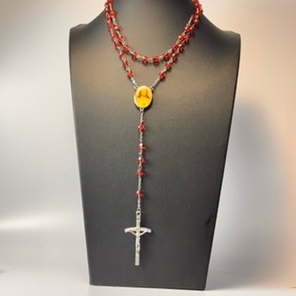 Vintage Rosary Necklace Red Crystal Beads Silver Tone Crucifix Religious Goth - Picture 1 of 7
